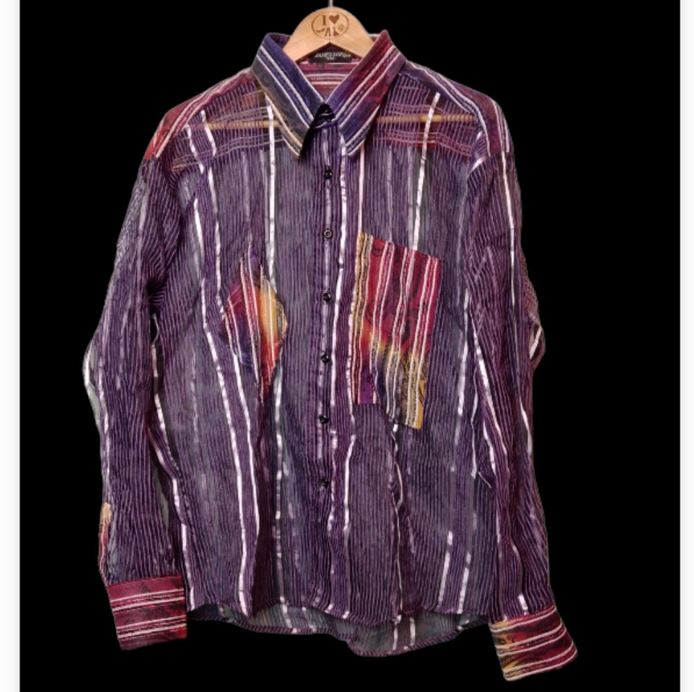 James Lord James Lord vertical striped sheer breezy button down shirt purple 2x - Picture 1 of 8